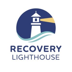 Logo showing a white lighthouse with a yellow beam of light inside a blue circle, with blue and teal waves below. The words RECOVERY LIGHTHOUSE are written underneath in bold blue text.