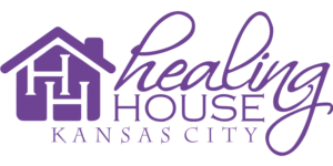 Logo for Healing House Kansas City. The design features a purple house icon with stylized letters H and H inside, next to the words healing HOUSE KANSAS CITY in elegant purple script and uppercase fonts.