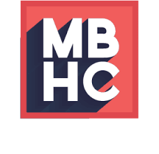 Logo with bold white letters MBHC inside a dark blue square, set against a red background with a red border. The letters cast long shadows to the left.
