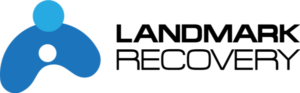 Landmark Recovery logo with a stylized blue abstract shape and circle on the left, and the words Landmark Recovery in bold black font on the right.