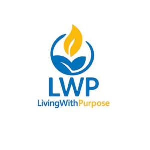 Logo with a blue leaf and yellow flame inside a blue circle above the letters LWP. Below, the words LivingWithPurpose appear, with LivingWith in blue and Purpose in yellow. White background.